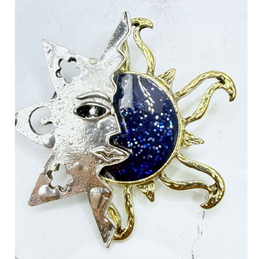Celestial Sun Moon Face Brooch Two Tone Blue Glitter Enamel Pin 1.75"